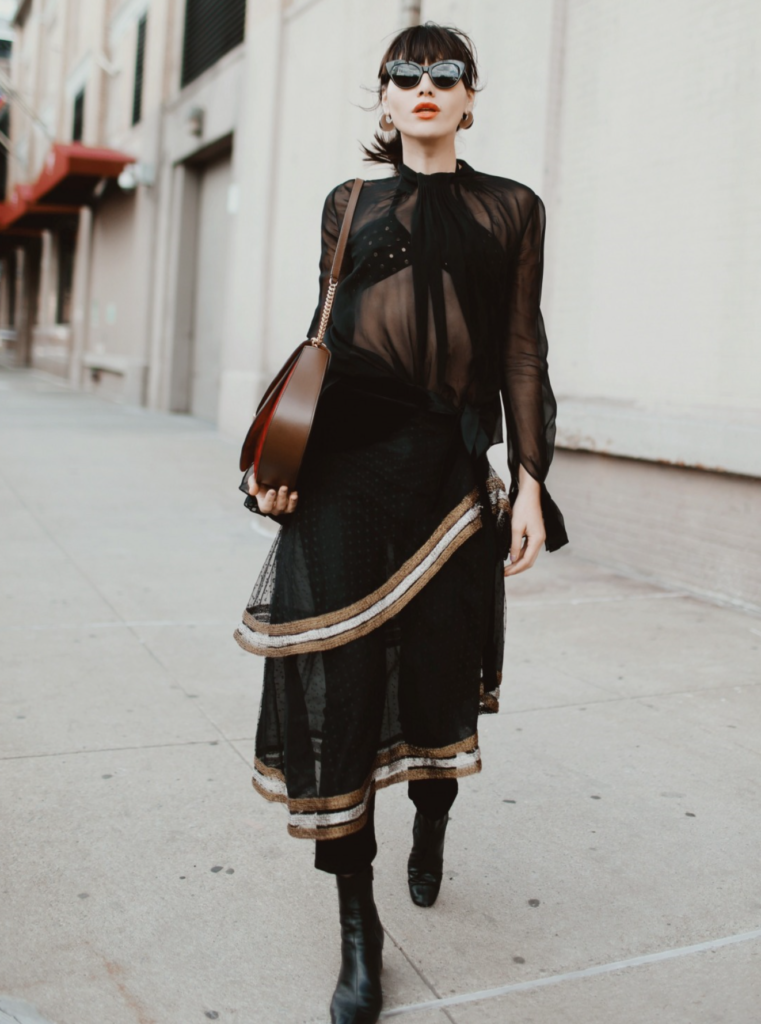 Blogger wearing a sheer dress and bralette.