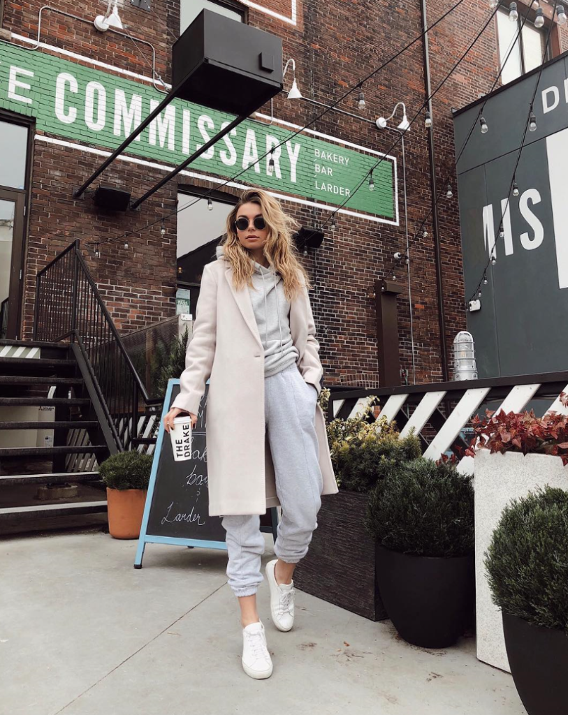 Blogger wearing overcoat with sweats.