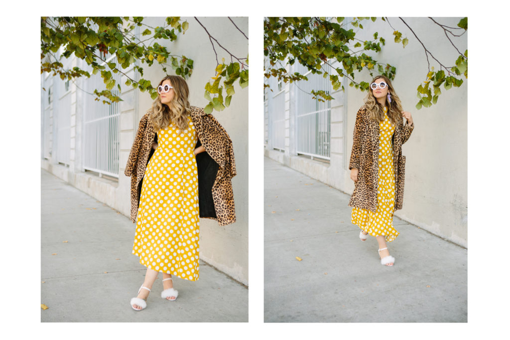 Mary wearing furry heels and yellow dress in diptych.