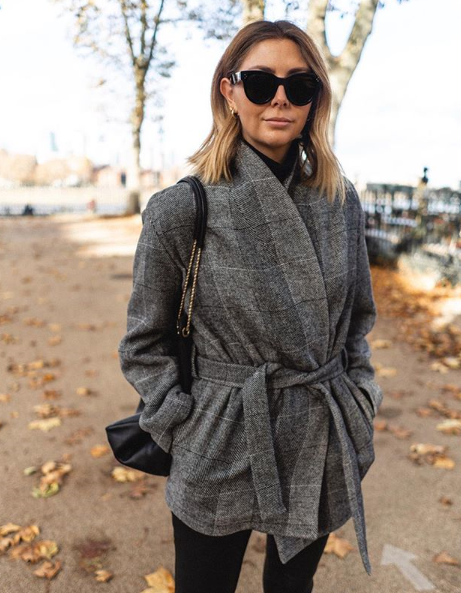 Blogger wearing wool wrap around coat.