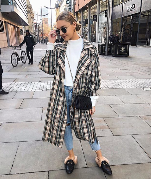 Blogger wearing a plaid trench coat.