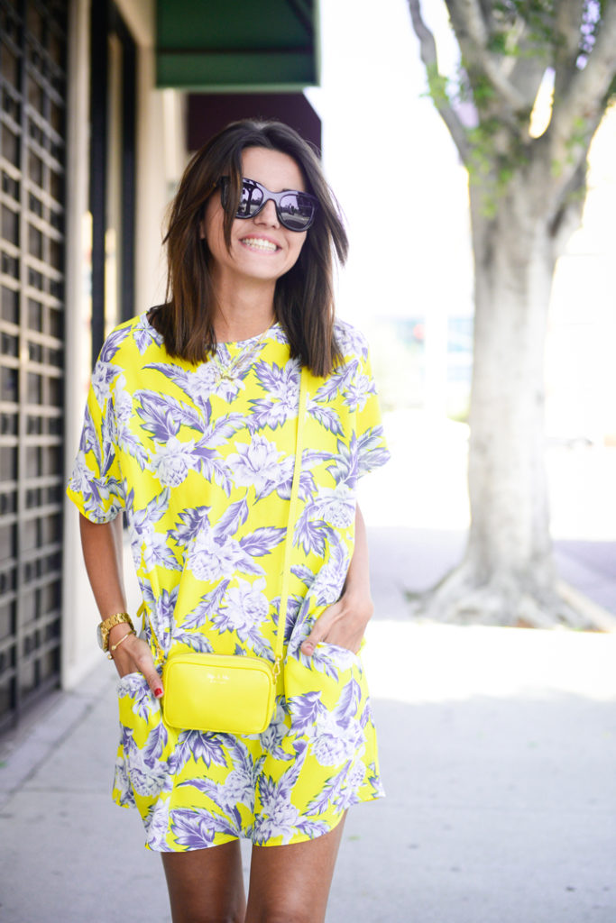 Woman wearing printed neon pieces.