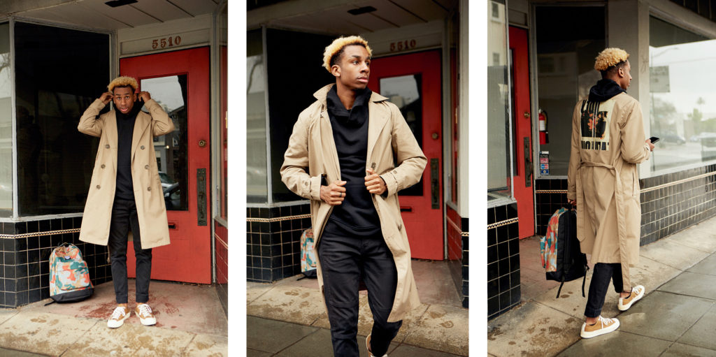 Cameron in a trench coat as a triptych.