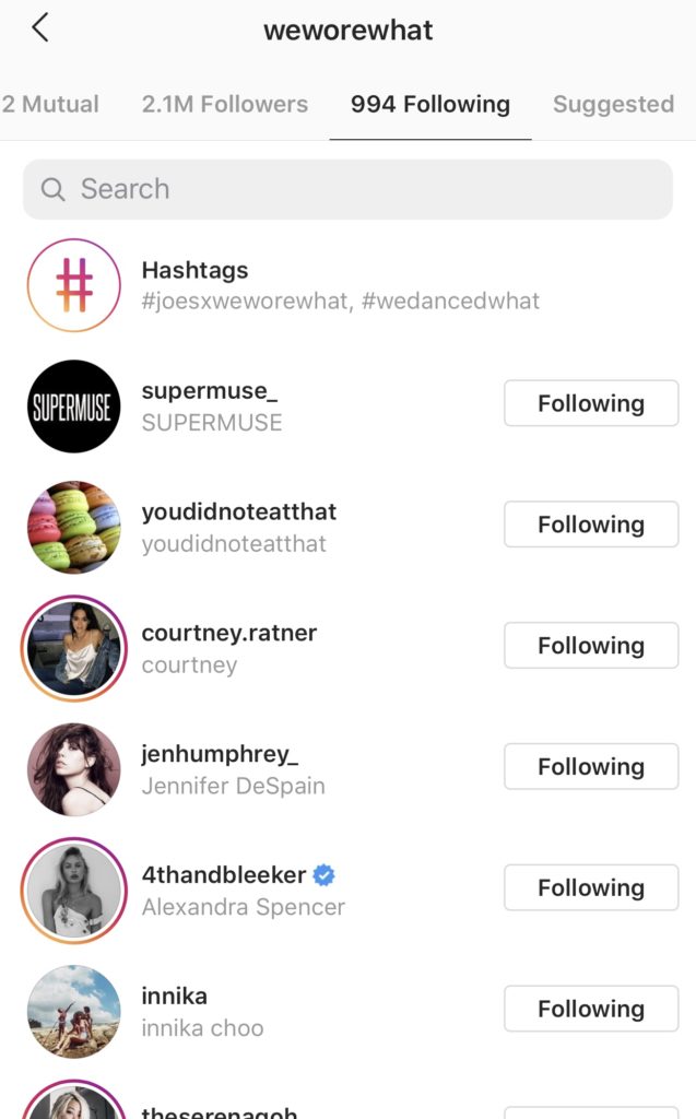 Screencapture of a user's followers on Instagram.
