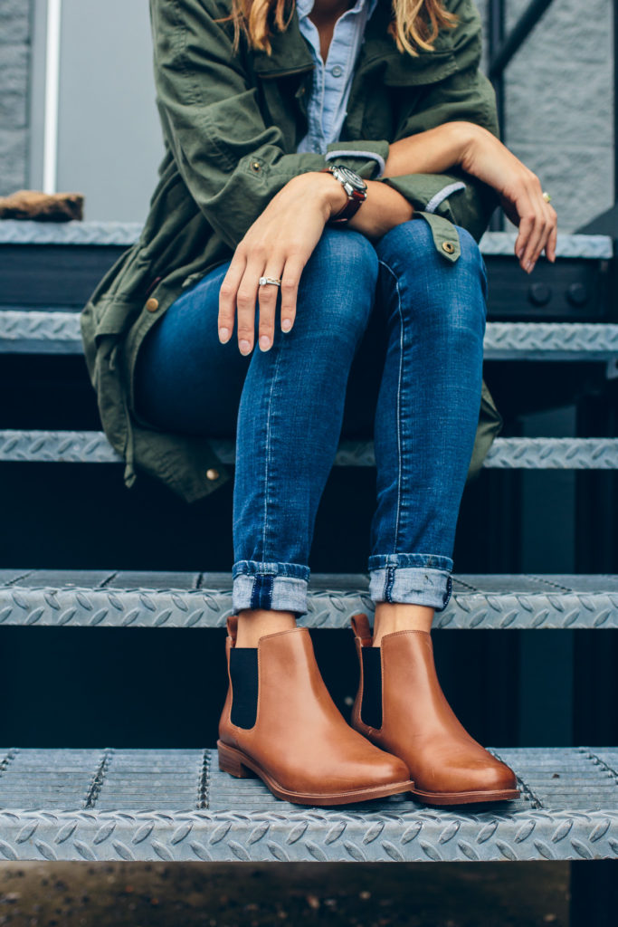 Woman wearing chelsea boots with denim.