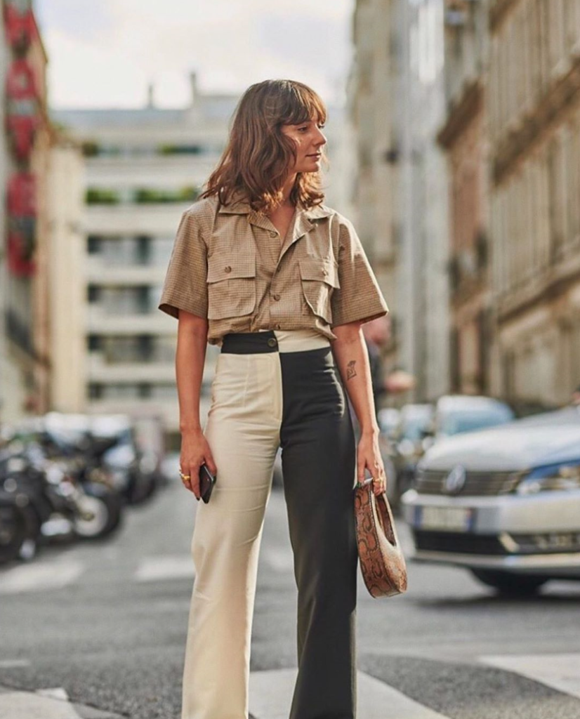 woman wearing two=tone patchwork pants with khaki top.