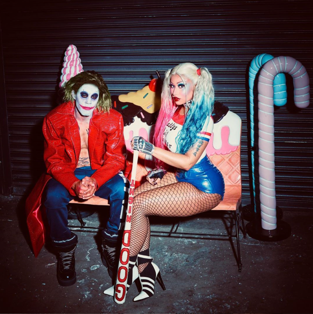 Nikki Minaj dressed as Harley Quinn for Halloween.