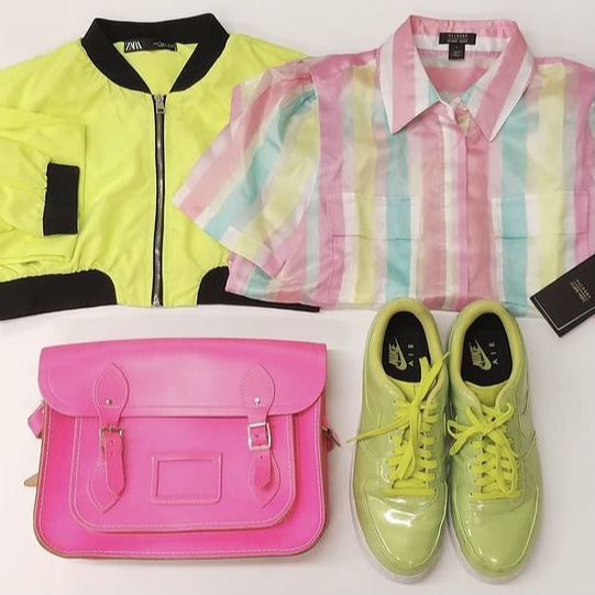 photo of neon clothing, purse and sneakers