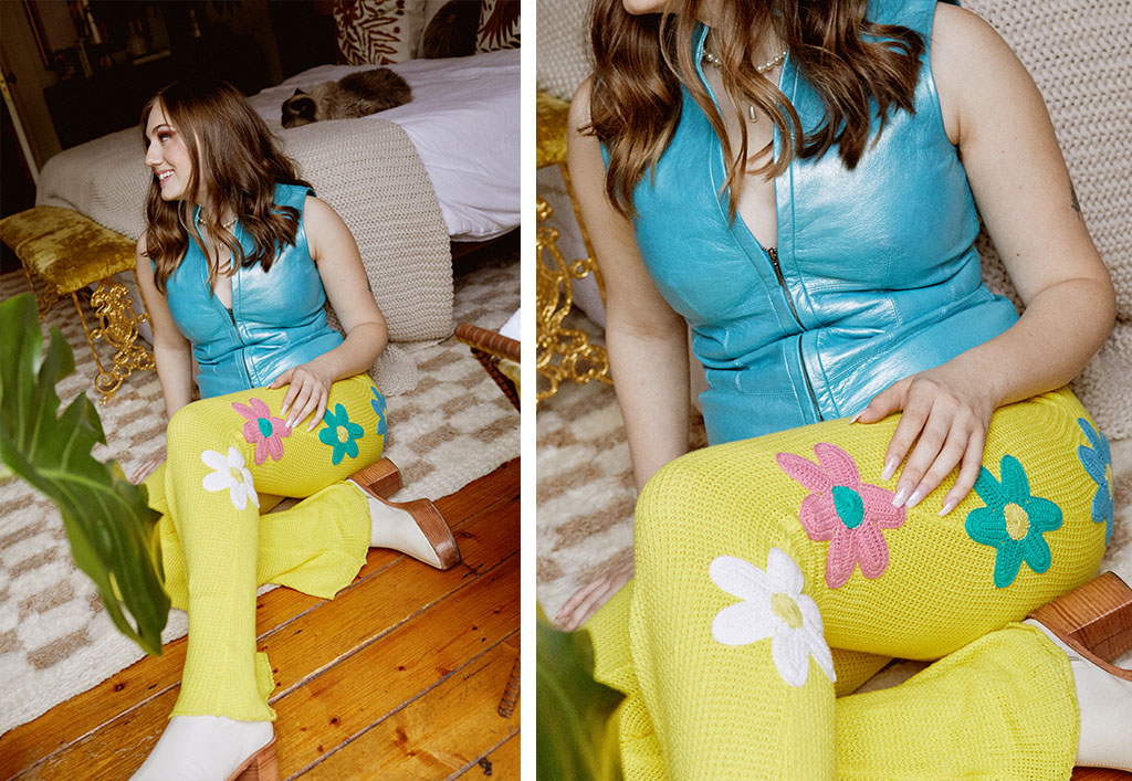 Allie in yellow crochet floral pants