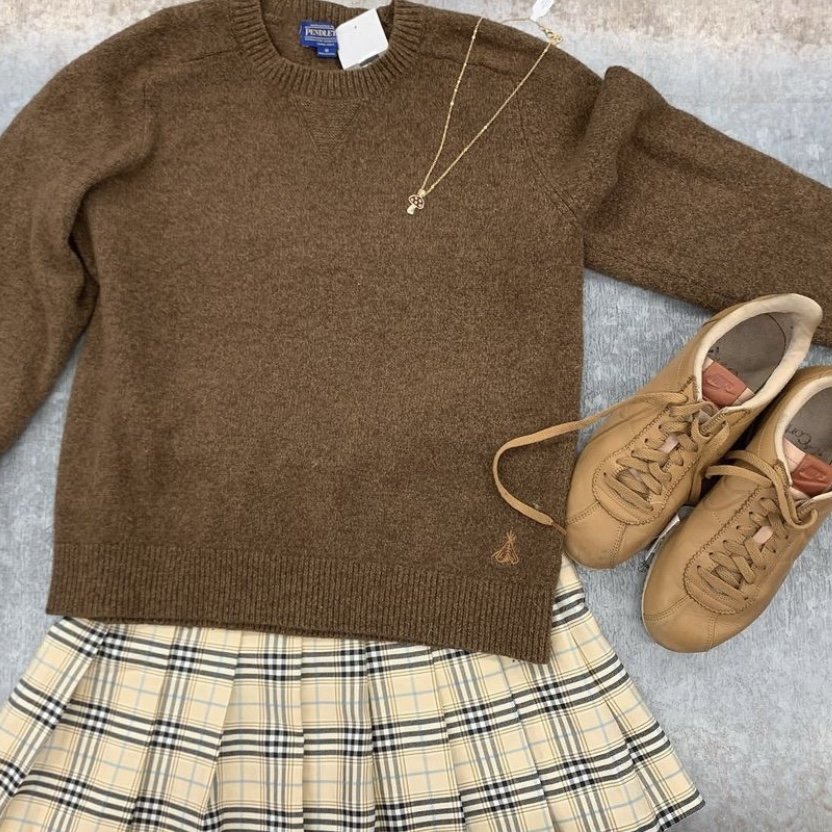 photo of brown sweater and plaid skirt