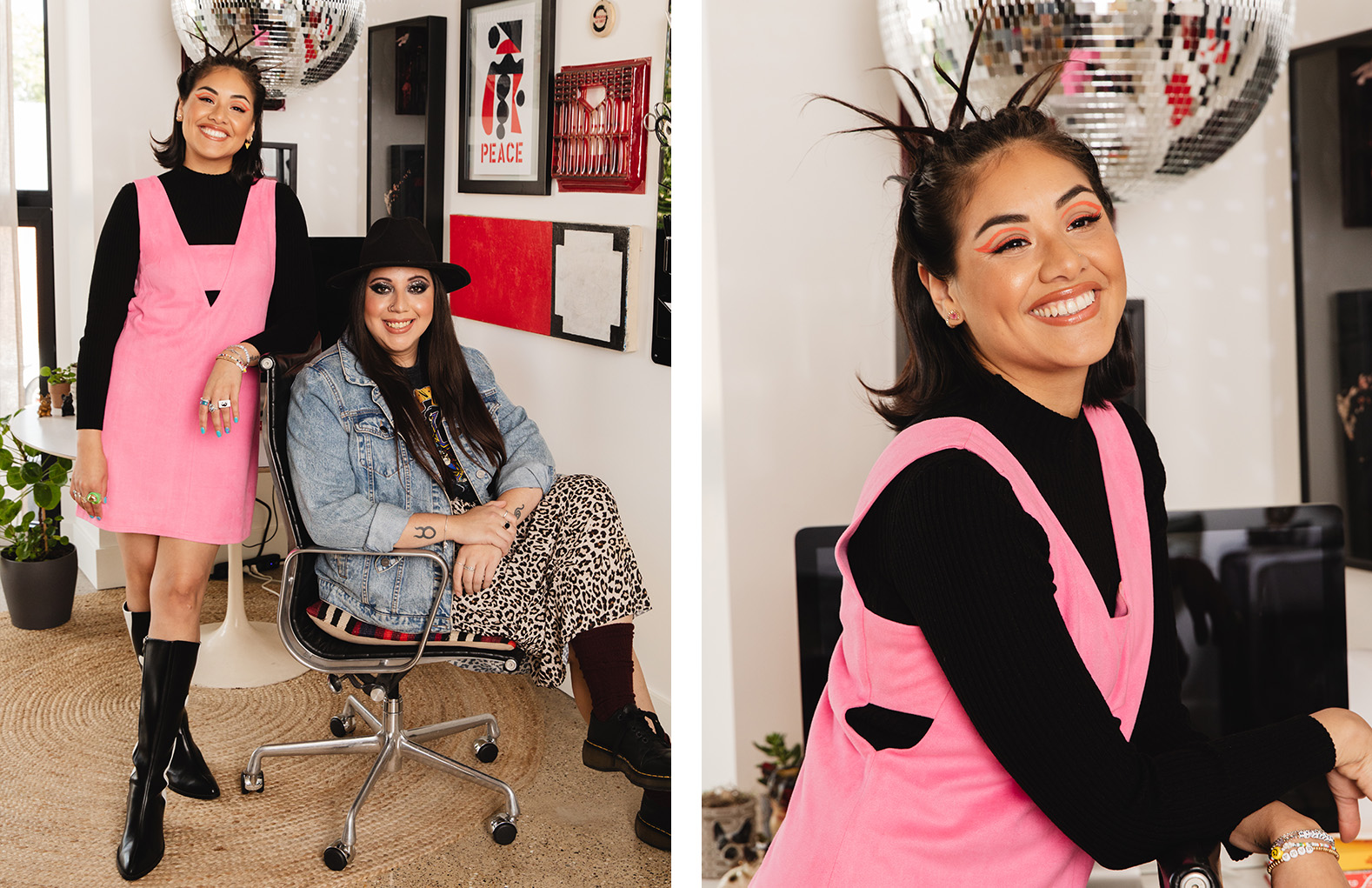 On the left, lizz and Mary wearing winter fashion. On the right, lizz is smiling leaning on a chair.