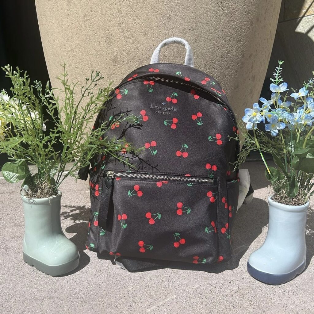 photo of a back pack with cherry print