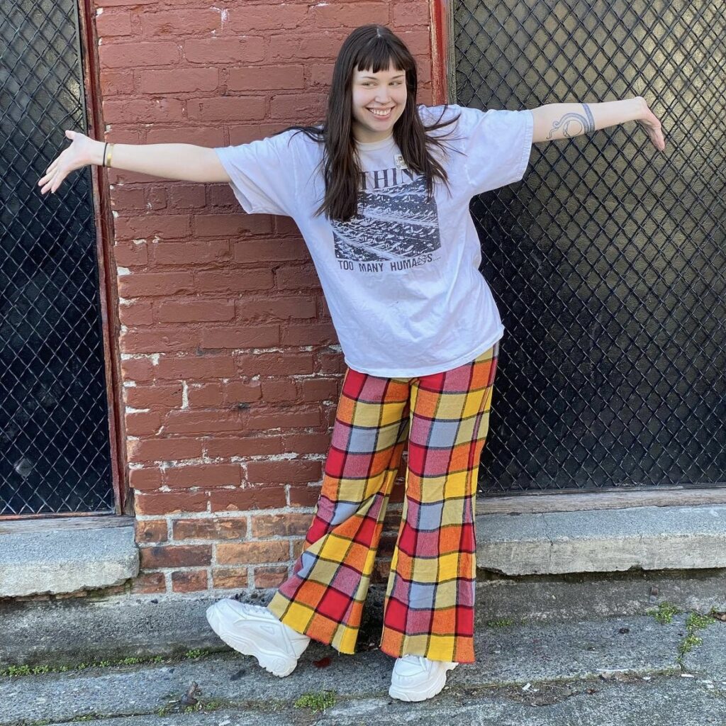 photo of a person iwearing fun patterns in a bright pair of pants