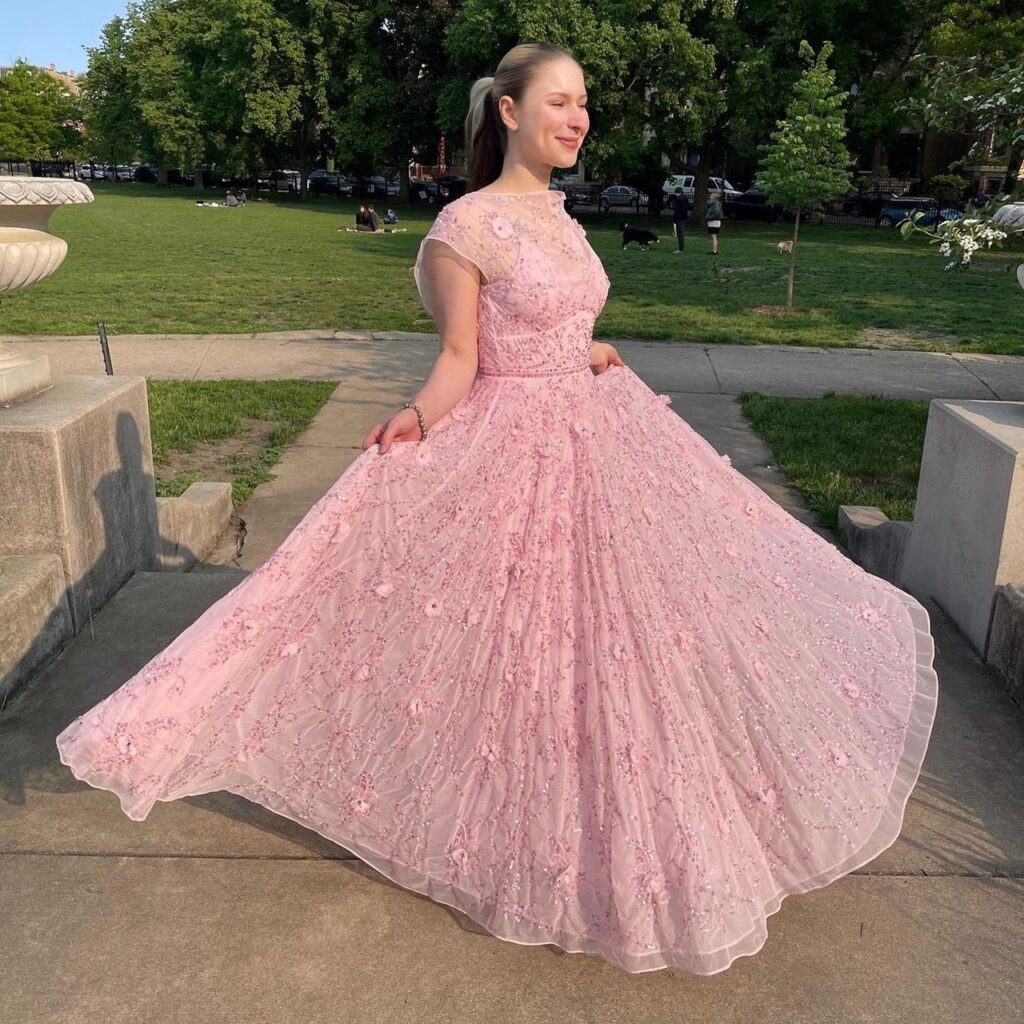 woman in vintage pink evening gown
