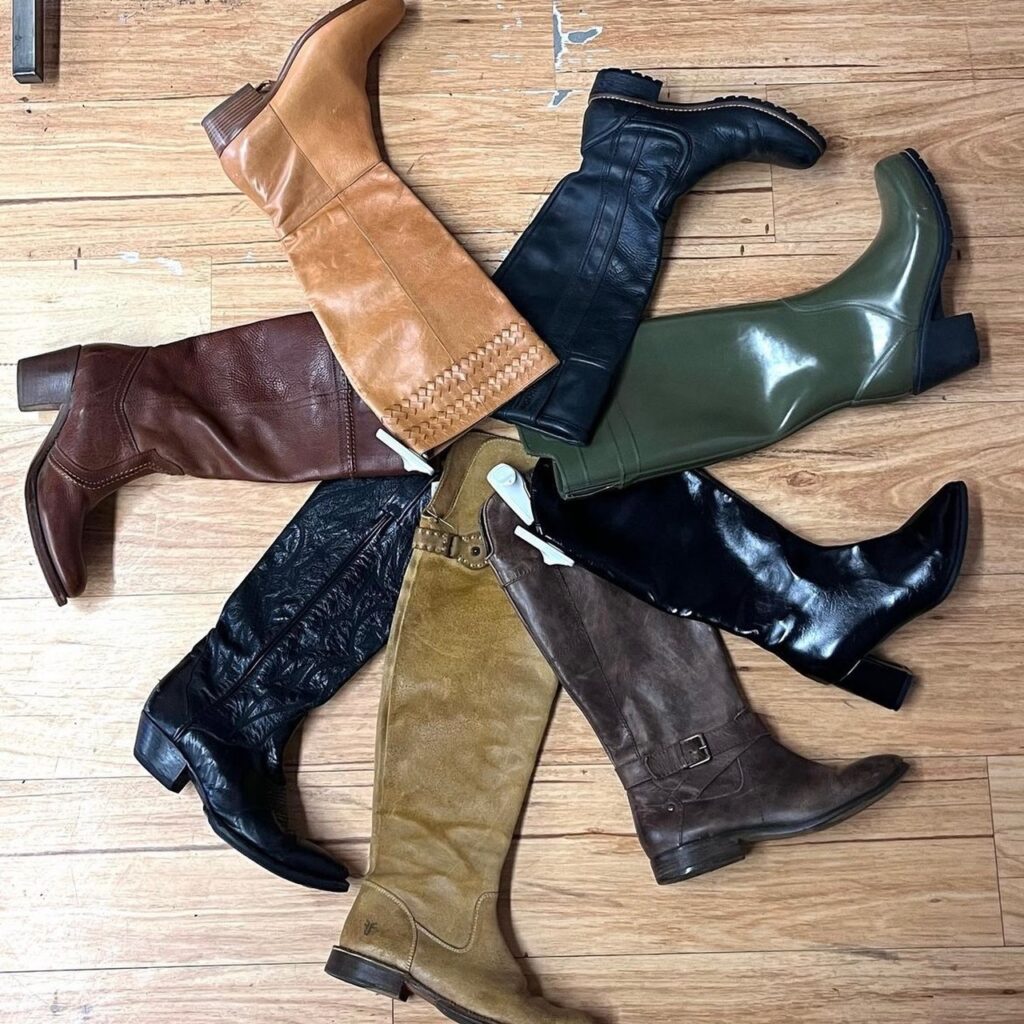 photo of thrifted fashion example, various knee-high boots