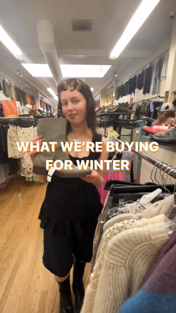 woman holding a beige boot under the text, "What we're buying for winter."