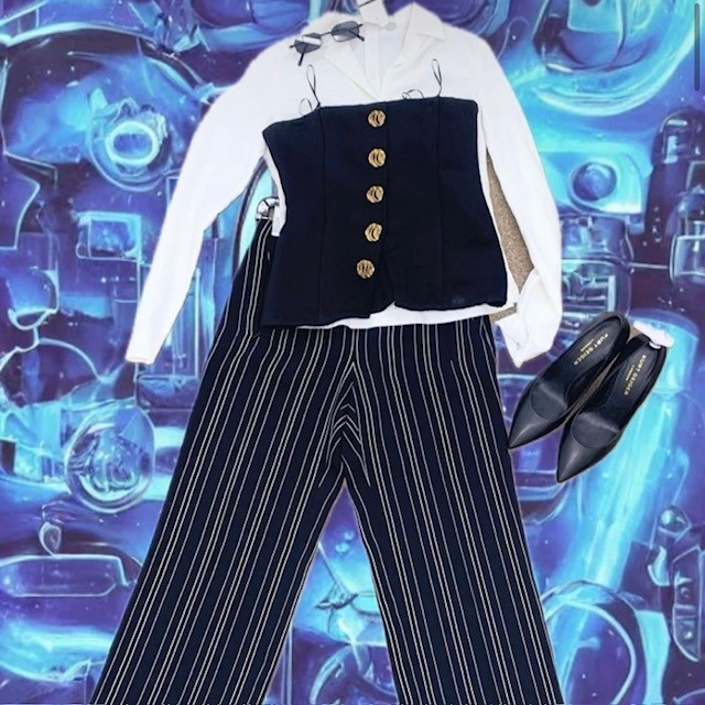 example of preloved clothes: a white blouse, black corset, and striped pants
