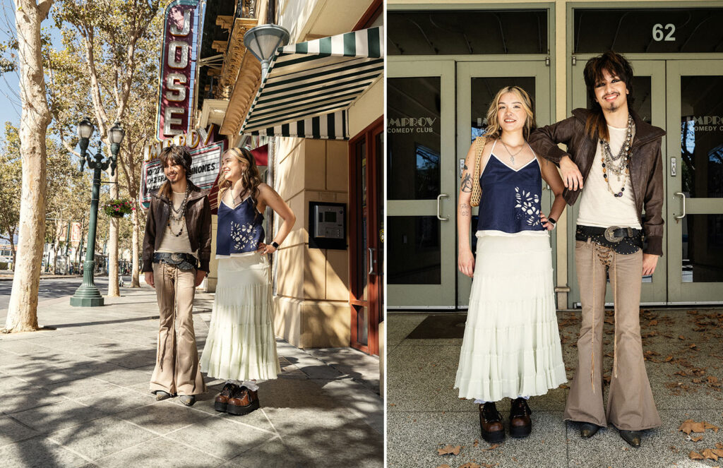 Left photo of two models standing side by side wearing spring fashion
right photo of two models standing hip to hip wearing spring fashion