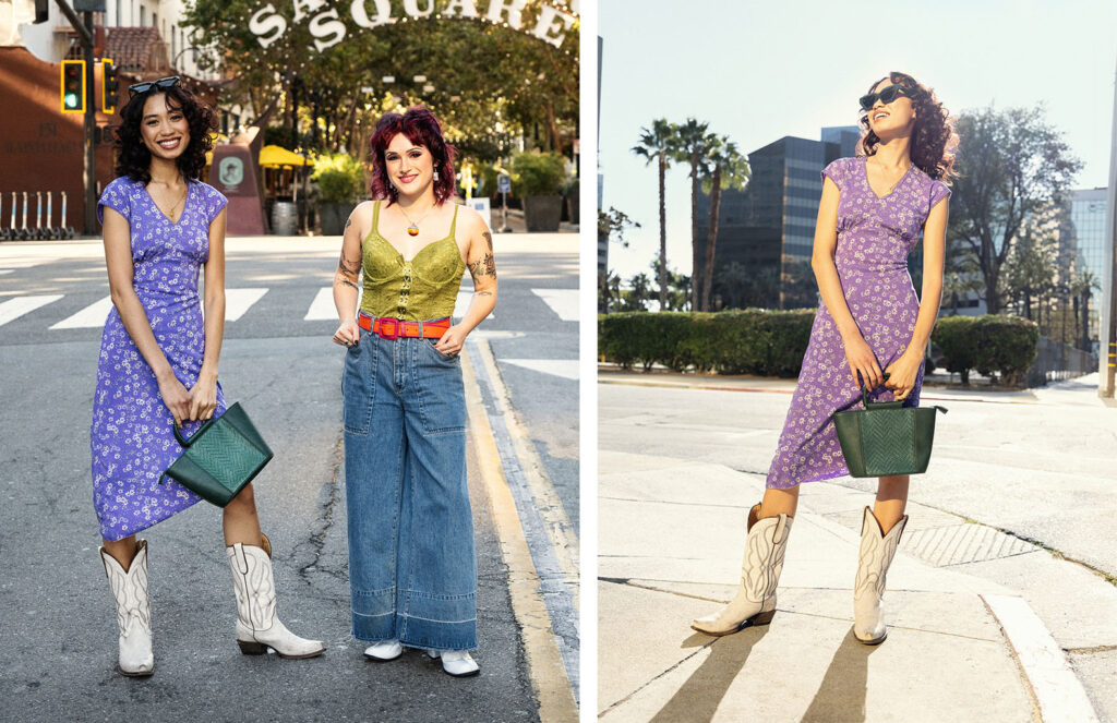 left photo: two models wearing spring fashion right photo: one model wearing a purple floral dress and white cowboy boots
