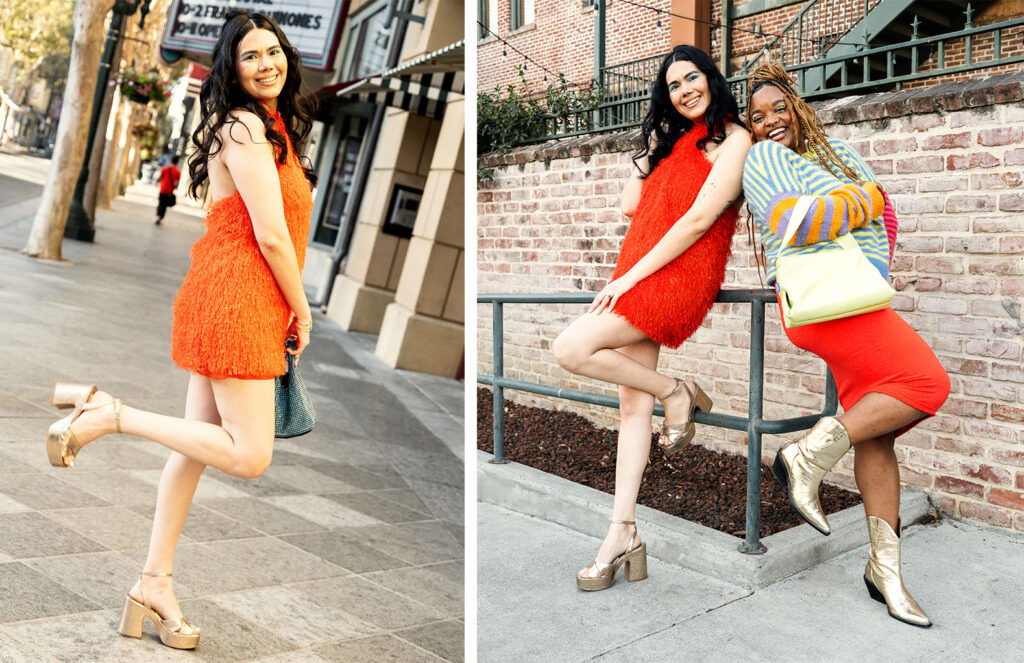 left photo of Sarahi wearing an orange dress, blue purse, and gold shoes right photo of Erykah and Sarahi wearing spring fashion