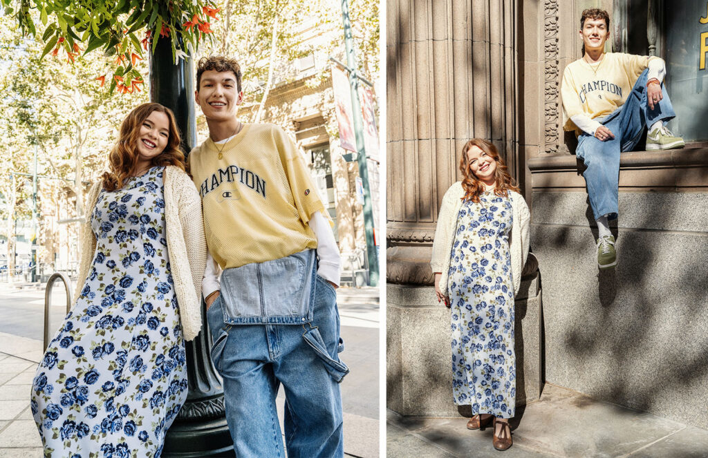 Photo on the left of two models wearing spring fashion smiling at the camera leaning against a light post photo to the right of two models wearing spring fashion