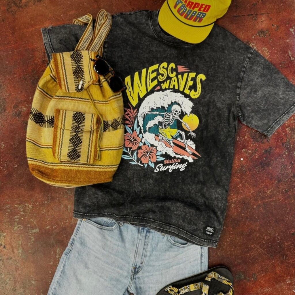 vintage t-shirt with denim shorts and yellow backpack