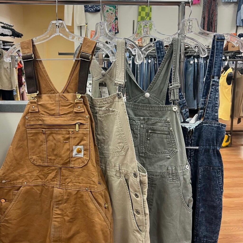 4 pairs of overalls hanging on a clothing rack, found while secondhand shopping