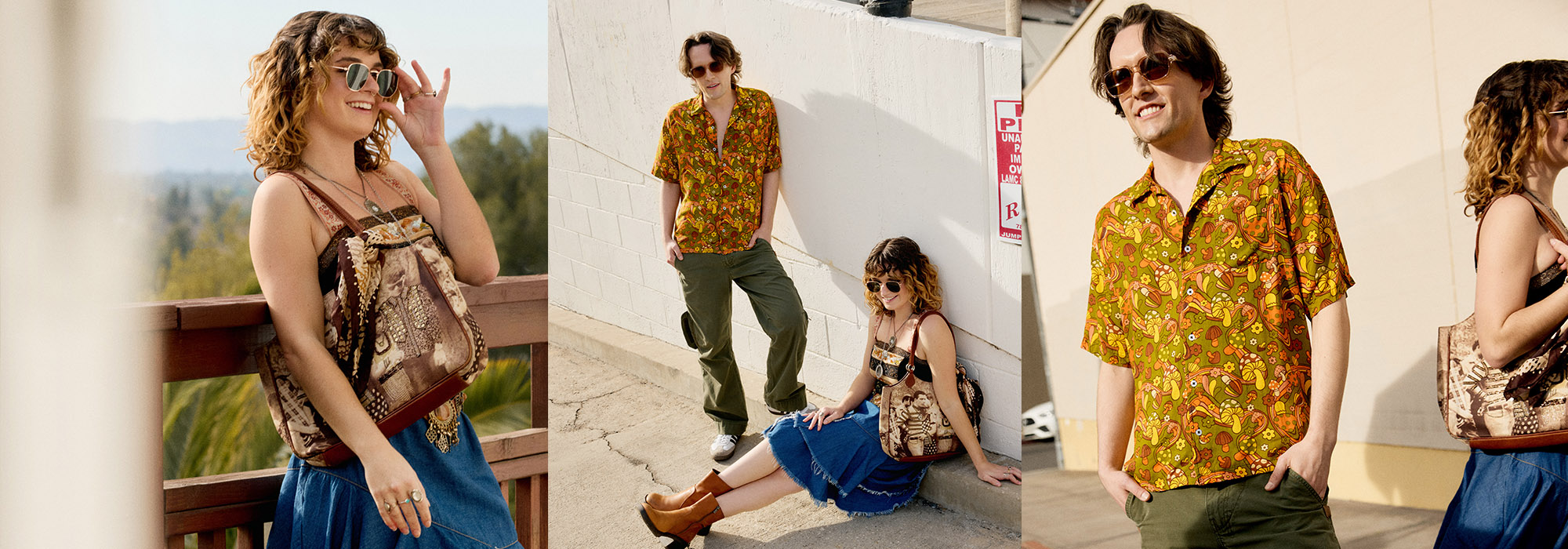 Sara and Eric wearing summer fashion posing in urban areas.