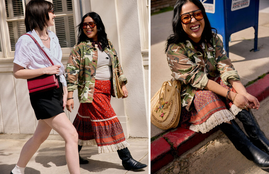 left photo cate and andrea walking wearing summer fashion right Andrea wearing a camo jacket, white tee and red skirt