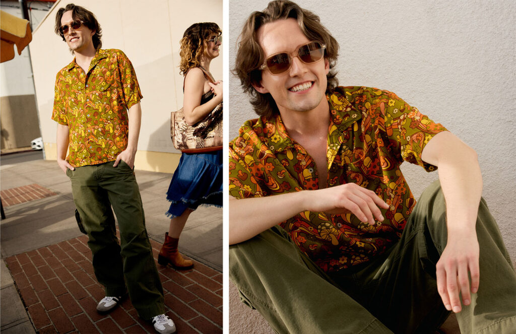 left photo of eric wearing a yellow patterned shirt and green pants right shirt of eric wearing a yellow shirt and green pants smiling at the camera