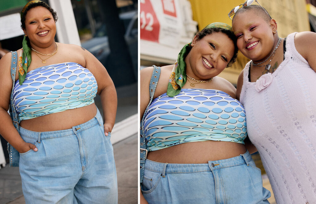 Left photo of Kyrah wearing a blue tube top and denim shorts Right photo of Kyrah and Tahra wearing summer fashion smiling at the camera