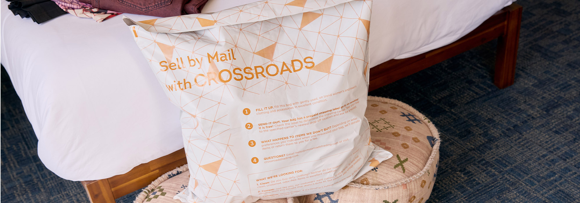 Crossroads sell by mail white plastic bag