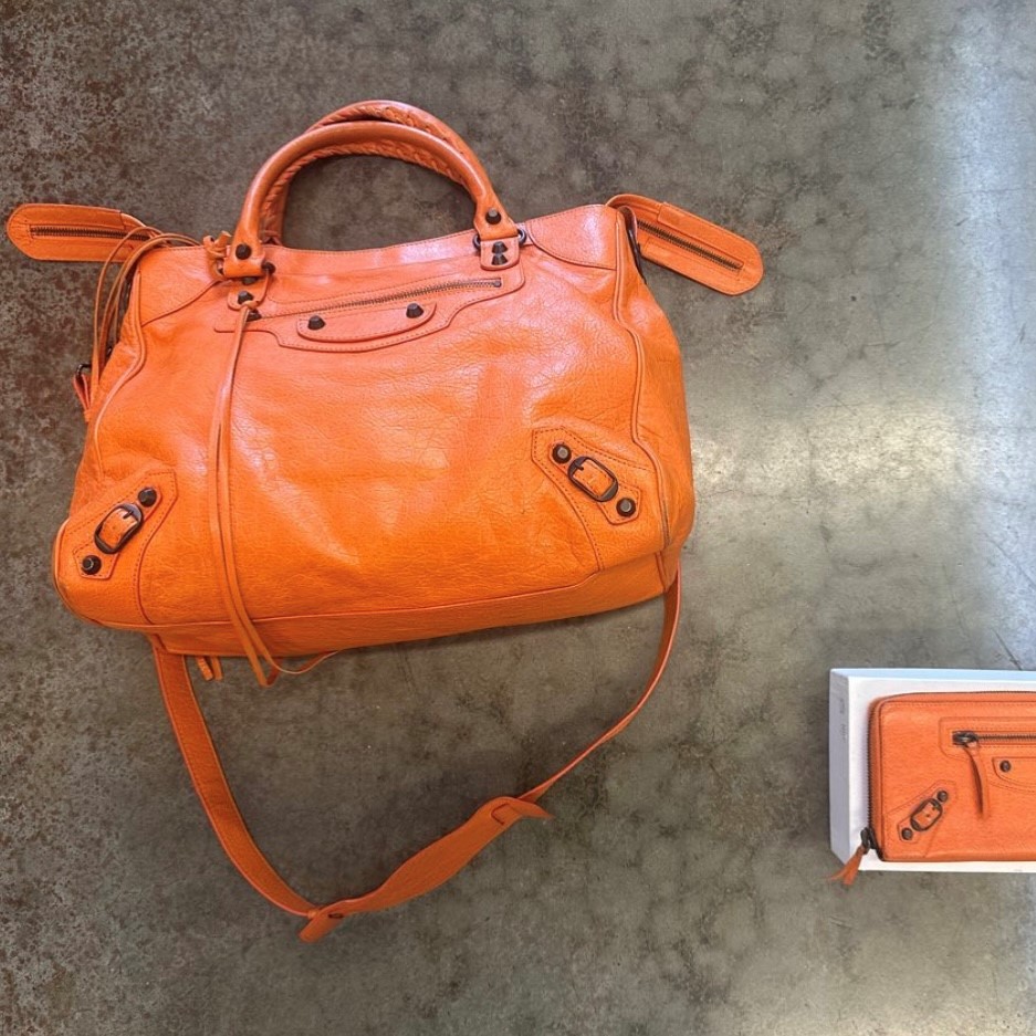 orange motorcycle bag and matching wallet