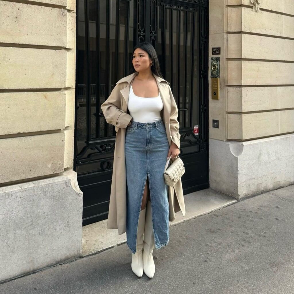 woman wearing one with white top and long jean skirt