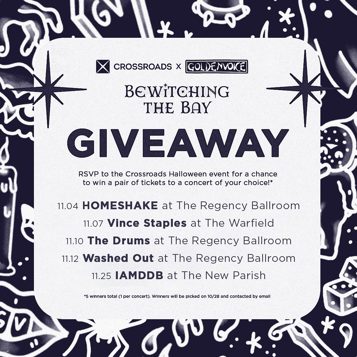 Hey Bay Area, we’re back with another giveaway! With our friends at Goldenvoice, Crossroads is hosting a spook-tacular giveaway! 👻🧡 RSVP to the Crossroads Halloween event for a chance to win a pair of tickets to a concert of your choice!*
 
11.04 HOMESHAKE at The Regency Ballroom
11.07 Vince Staples at The Warfield
11.10 The Drums at The Regency Ballroom
11.12 Washed Out at The Regency Ballroom
11.25 IAMDDB at The New Parish

Visit crossroadstrading.com/bewitchingthebay-giveaway/ or click the link in our bio to enter. 🌟
 
*5 winners total (1 per concert). Concert selection restricted to the shows listed above. Open to U.S. residents only. This giveaway is not affiliated with Instagram. Entries end on Sunday, 10/27. Winners will be picked on Monday, 10/28 and contacted by email. Do not share personal information with any other accounts.

#crossroadstrading #crossroadsfinds #crossroadsstore #fashionfinds #buyselltrade #style #thriftfinds #consignment #shopping #womensfashion #mensfashion #fashionblogger #ootd #fashion #thrift #sustainablefashion #secondhandfirst #shopthrift #consignment #thrifted