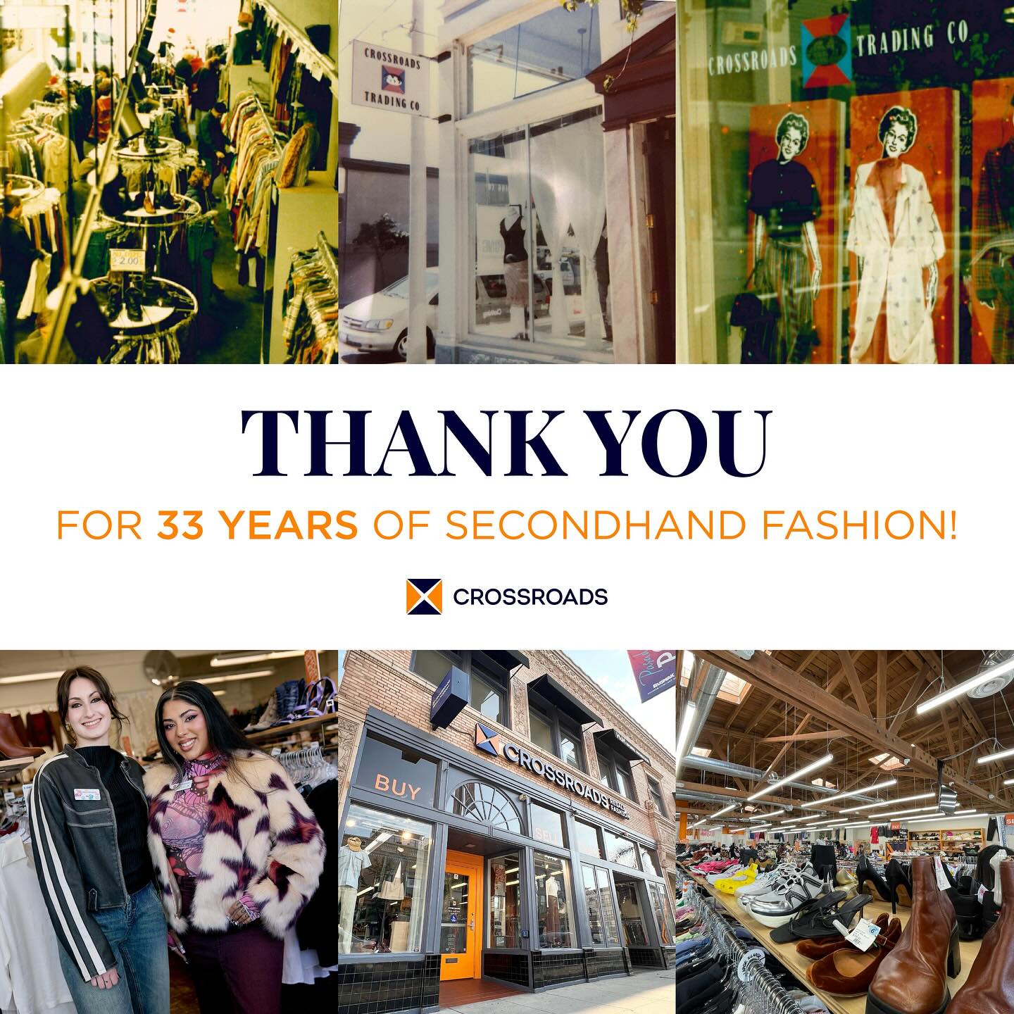 It’s our 33rd birthday today! 🎉🥳🙌

We first opened the doors of our Fillmore Street, San Francisco store in 1991. Now we have 39 locations spread across 7 states! Whether you have been here since the beginning, or have joined the resale revolution recently, we would like to thank you for joining us on this journey to a more sustainable fashion industry. 🧡🫶

#crossroadstrading #crossroadsfinds #crossroadsstore #fashionfinds #buyselltrade #style #thriftfinds #consignment #shopping #womensfashion #mensfashion #fashionblogger #ootd #fashion #thrift #sustainablefashion #secondhandfirst #shopthrift #consignment #thrifted