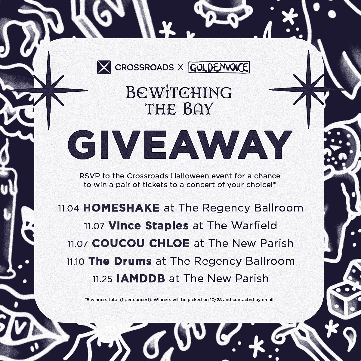 Hey Bay Area, we’re back with another giveaway! With our friends at Goldenvoice, Crossroads is hosting a spook-tacular giveaway! 👻🧡 RSVP to the Crossroads Halloween event for a chance to win a pair of tickets to a concert of your choice!*
 
11.04 HOMESHAKE at The Regency Ballroom
11.07 Vince Staples at The Warfield
11.07 COUCOU CHLOE at New Parish
11.10 The Drums at The Regency Ballroom
11.25 IAMDDB at The New Parish

Visit crossroadstrading.com/bewitchingthebay-giveaway/ or click the link in our bio to enter. 🌟
 
*5 winners total (1 per concert). Concert selection restricted to the shows listed above. Open to U.S. residents only. This giveaway is not affiliated with Instagram. Entries end on Sunday, 10/27. Winners will be picked on Monday, 10/28 and contacted by email. Do not share personal information with any other accounts.

#crossroadstrading #crossroadsfinds #crossroadsstore #fashionfinds #buyselltrade #style #thriftfinds #consignment #shopping #womensfashion #mensfashion #fashionblogger #ootd #fashion #thrift #sustainablefashion #secondhandfirst #shopthrift #consignment #thrifted