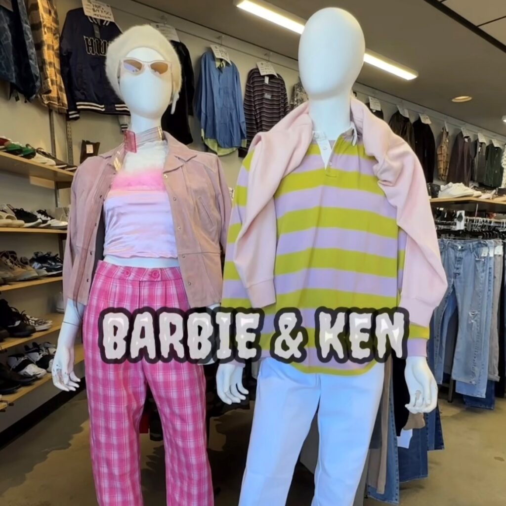 Two mannequins dressed as Barbie and Ken