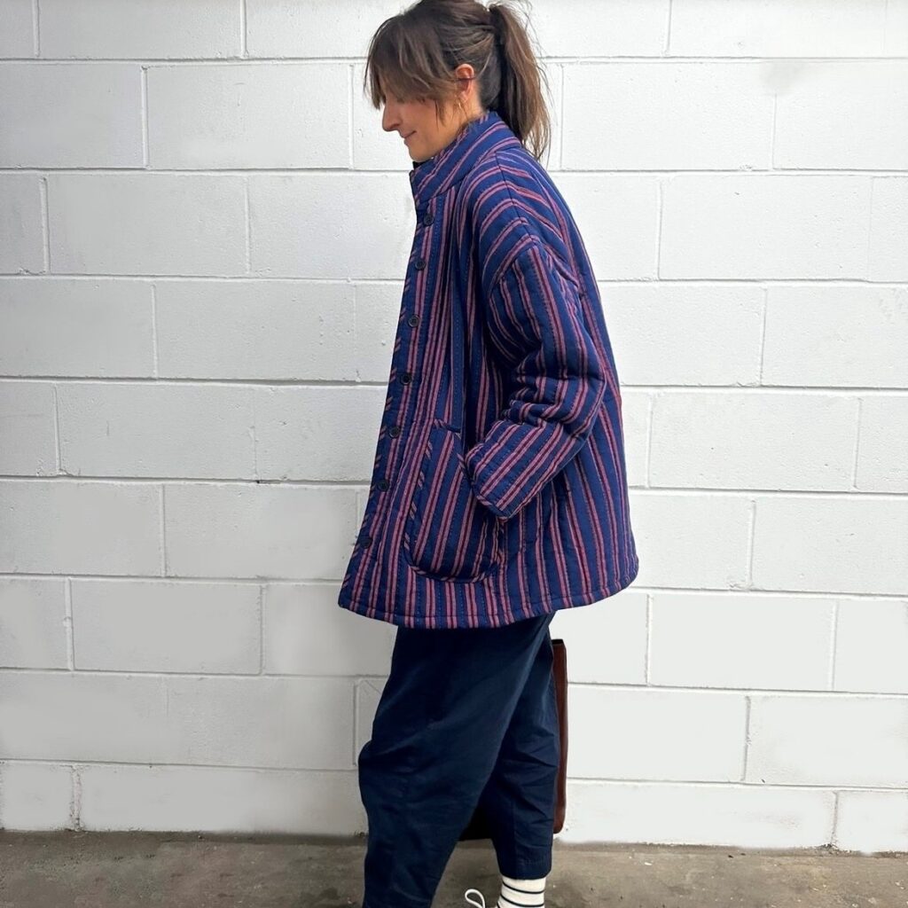 woman in striped one with baggy pants