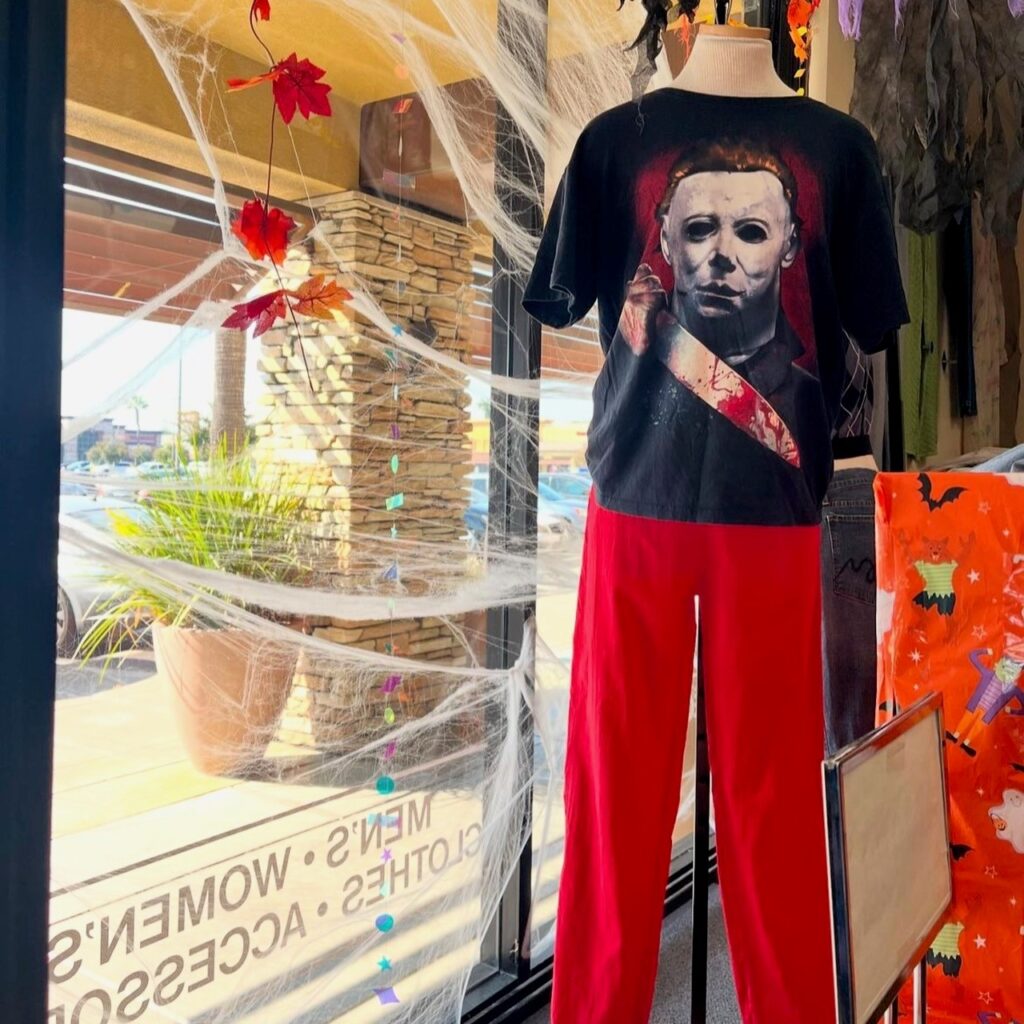 mannequin wearing a scary t-shirt with red track pants