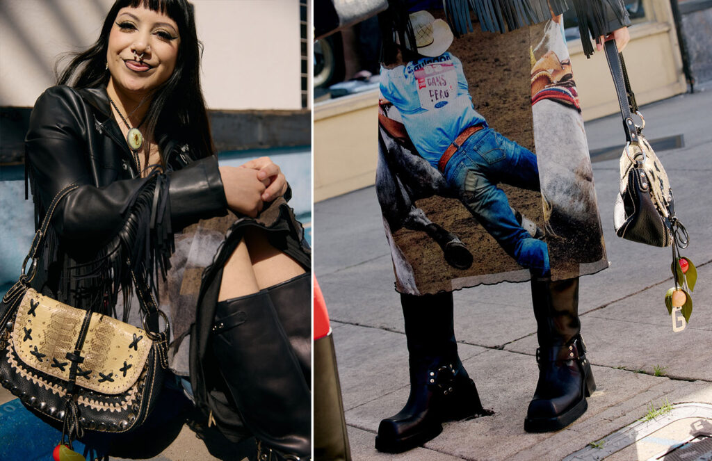 Left photo of Amanda wearing a leather jacket smiling at the camera right photo of detail shot of Amandas cowboy skirt and black boots