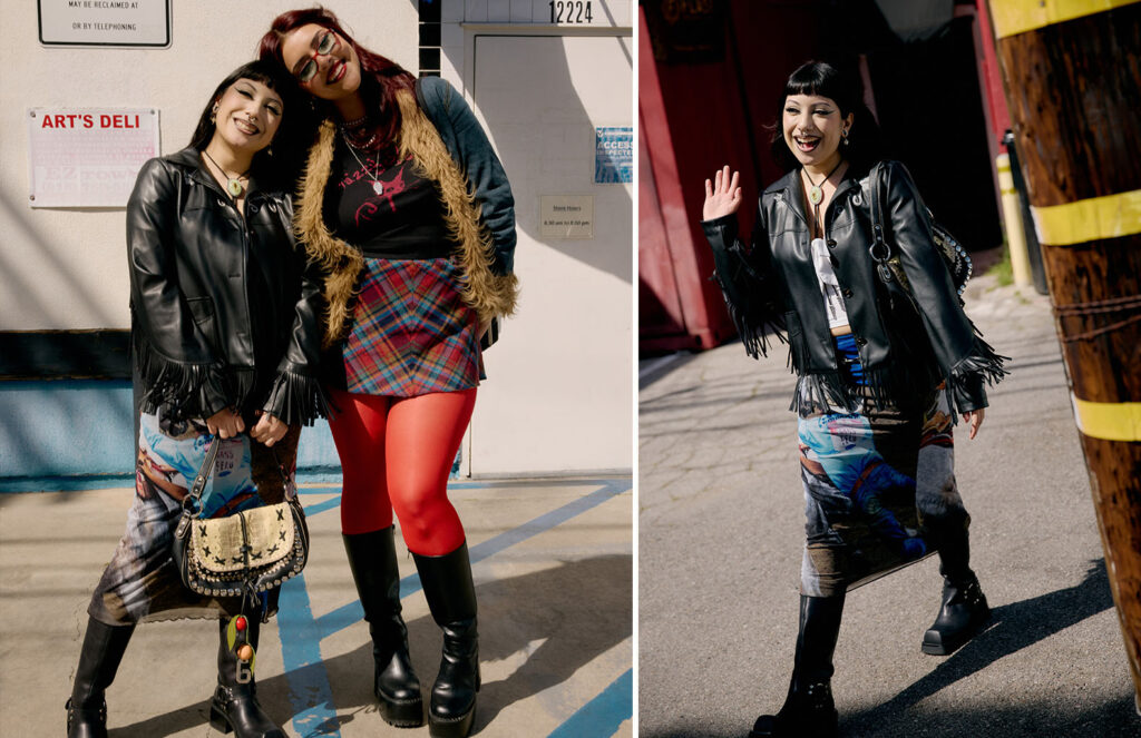 left photo of Amanda and Valeria posing together wearing fall fashions right photo of amanda wearing a leather jacket cowboy skirt and tall black boots