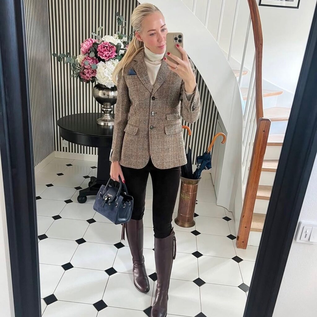 woman in leggings with tweed blazer and brown tall boots