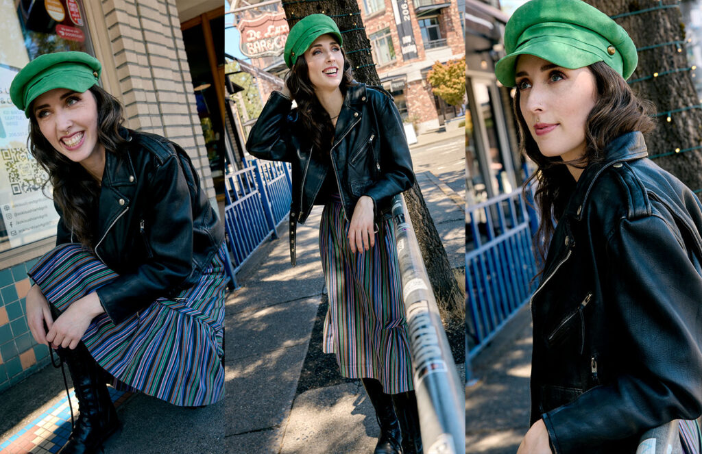 left photo of marie wearing winter fashion kneeling to tie her boot middle photo of marie standing leaning against a metal railing right photo of close up shot of Marie leaning against the metal railing looking over her shoulder 