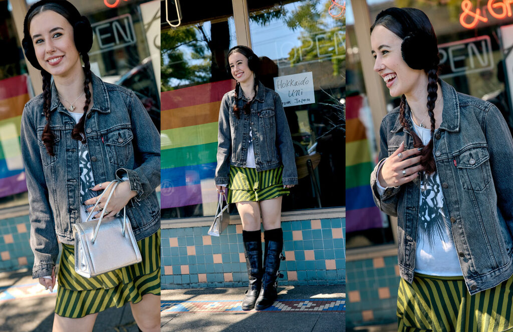 left photo of Meghan wearing winter fashion holding a silver purse smiling towards the camera middle photo of Meghan leaning against a window looking to her right right photo of meghan looking to her right smiling and slightly grabbing her braid.