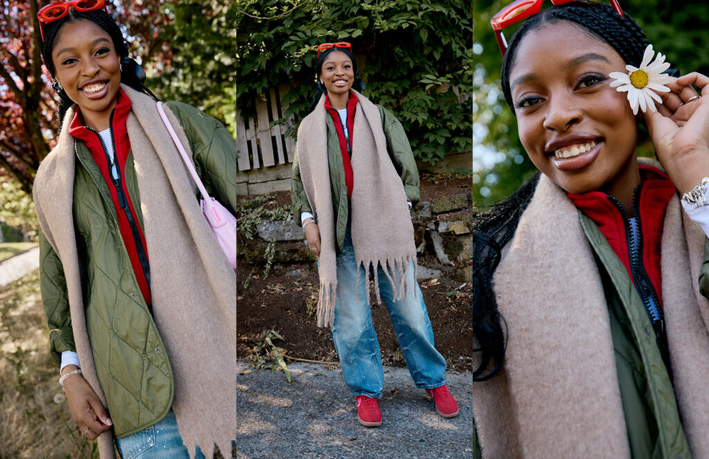 Tonoya in three photos wearing a green quilt jacket, a brown scarf, red vest, blue jeans, red sneakers, smiling at the camera