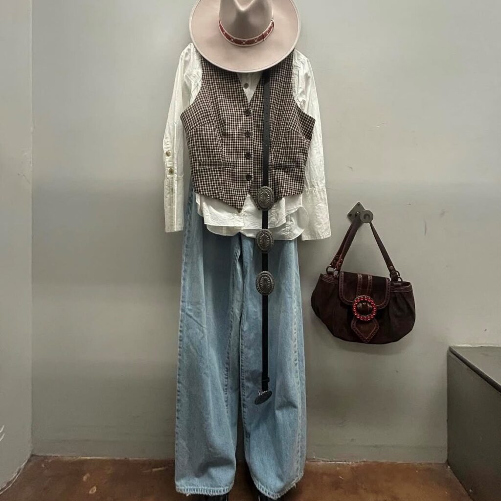 jeans, white shirt, vest, and hat