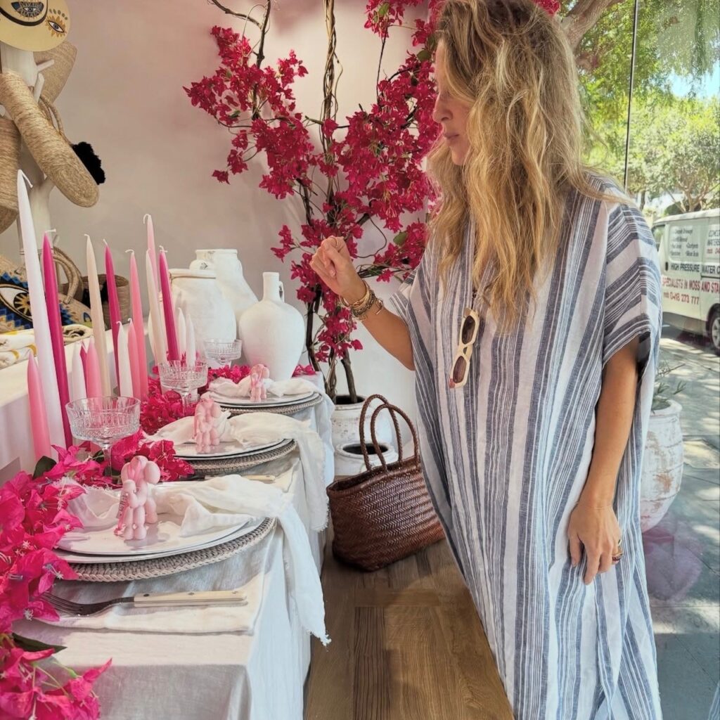 woman in blue and white striped linen kaftan