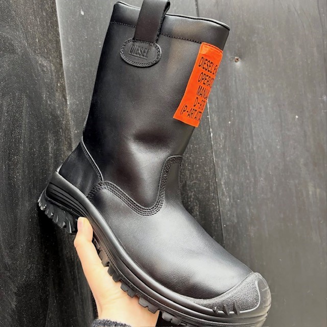 a sturdy black leather boot