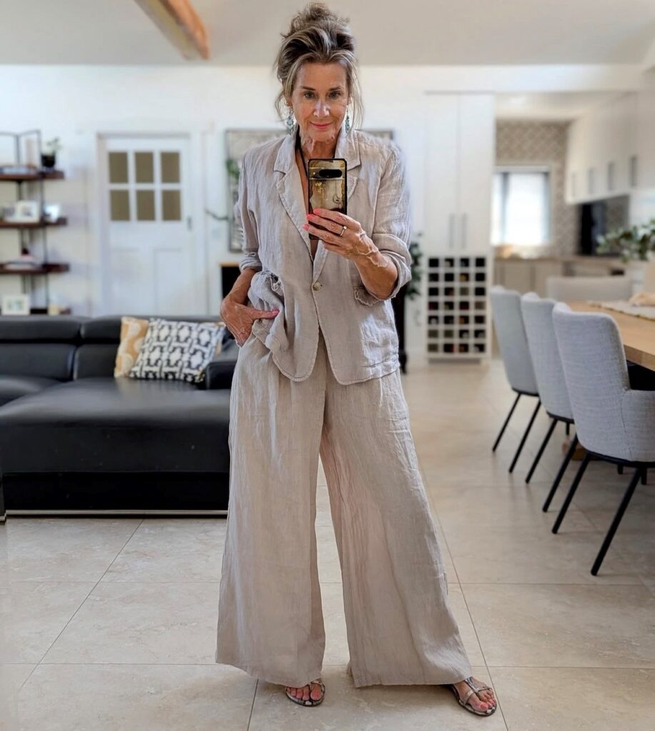 woman in linen pants with matching blazer